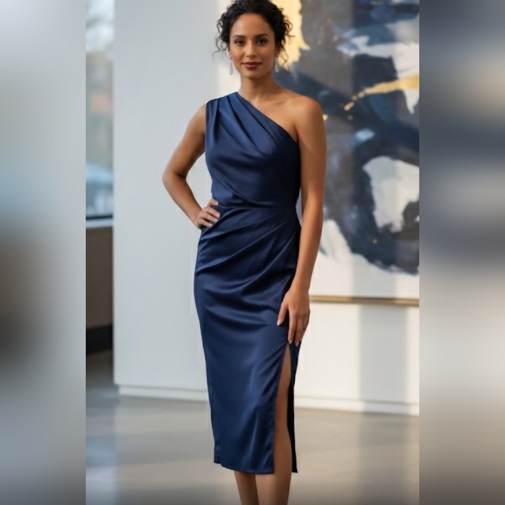 Banana Republic One-Shoulder Navy Satin Sheath Dress